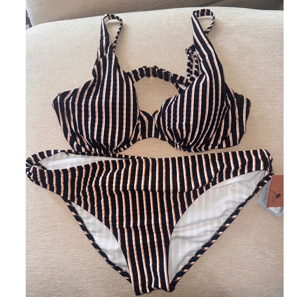 Shade & Shore Striped Bikini Set Underwire Top 38D Low Rise Cheeky Bottoms XL